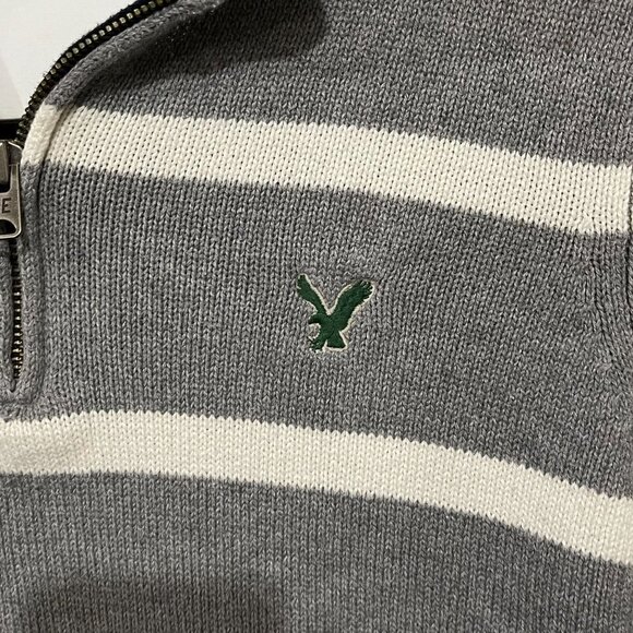 American Eagle 1/4 Zip Sweater Cotton Gray White Striped Mens Large - Picture 5 of 5